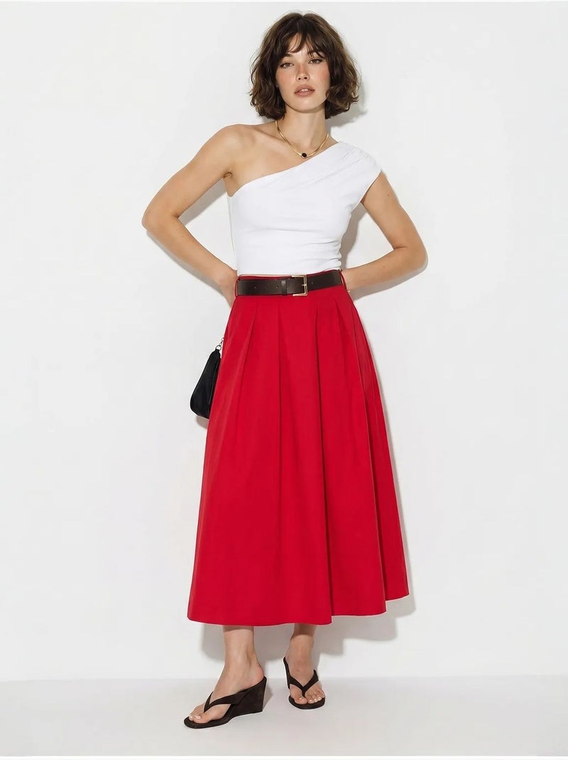 Jupe longue trapèze à taille haute et ceinture lucci Rouge - Kiabi