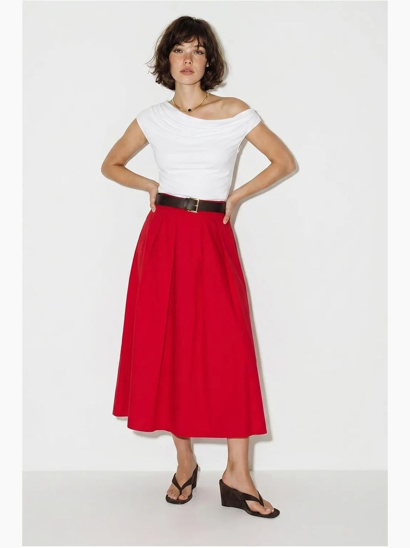 Jupe longue trapèze à taille haute et ceinture lucci Rouge - Kiabi