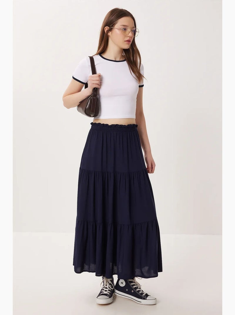 Jupe longue trapèze taille haute istanbul Bleu marine - Kiabi