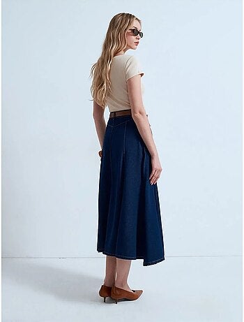 Jupe midi en denim coupe trapèze, taille haute dilvin