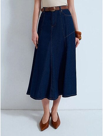 Jupe midi en denim coupe trapèze, taille haute dilvin