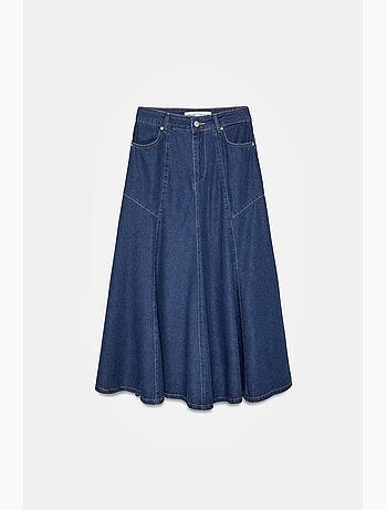 Jupe midi en denim coupe trapèze, taille haute dilvin