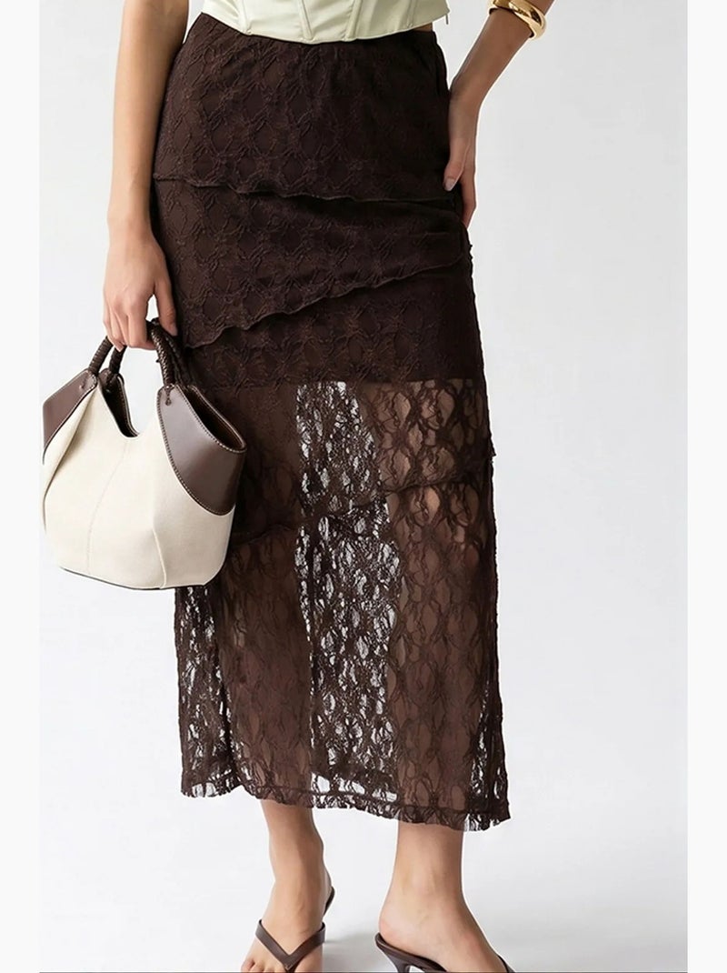 Jupe midi en dentelle taille haute mixray Marron chocolat - Kiabi