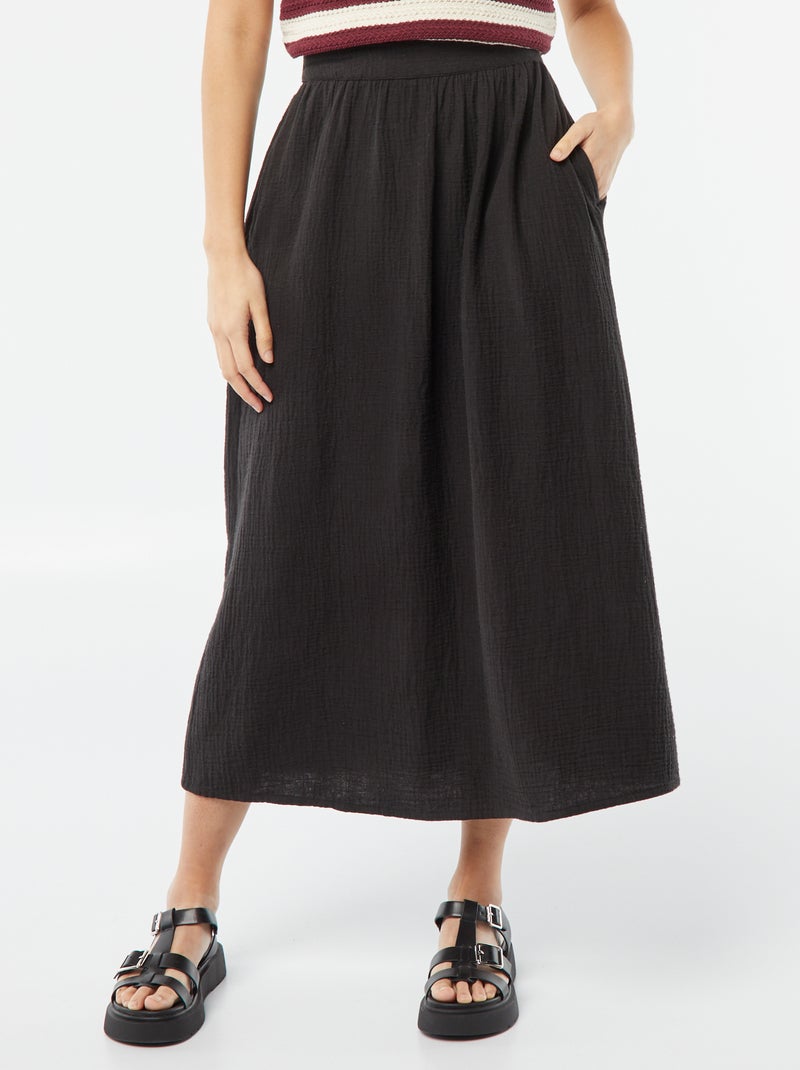 Jupe midi en gaze de coton noir - Kiabi