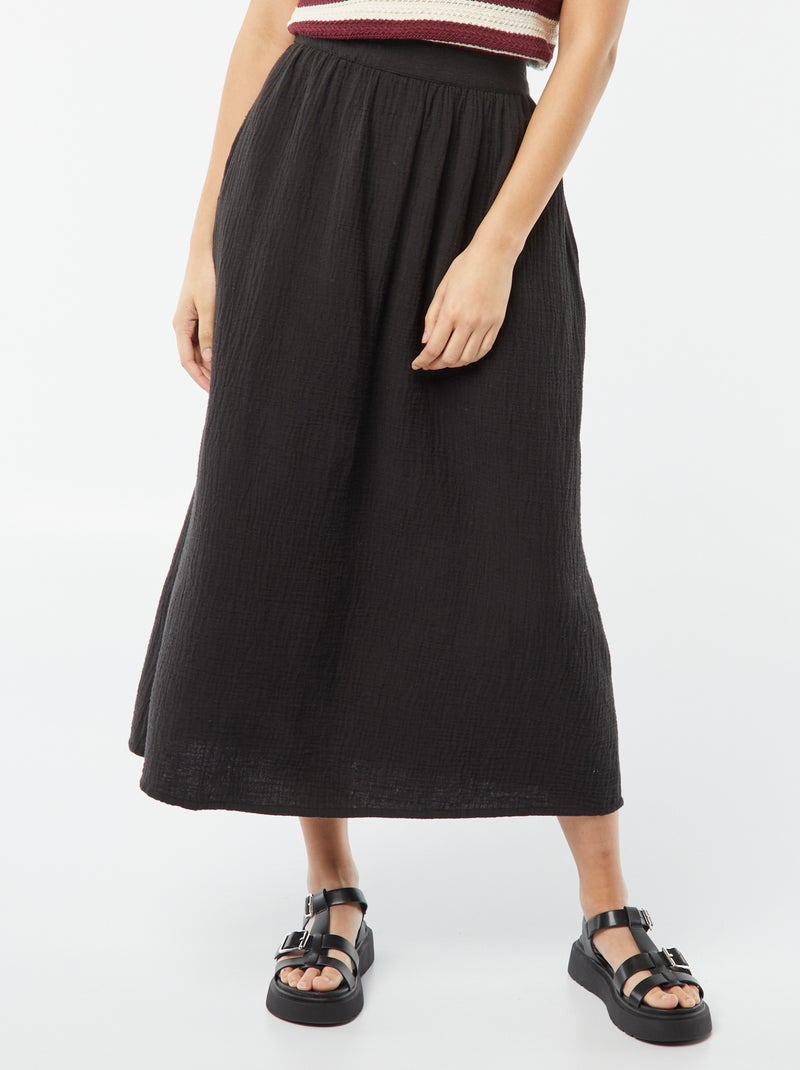 Jupe midi en gaze de coton noir - Kiabi