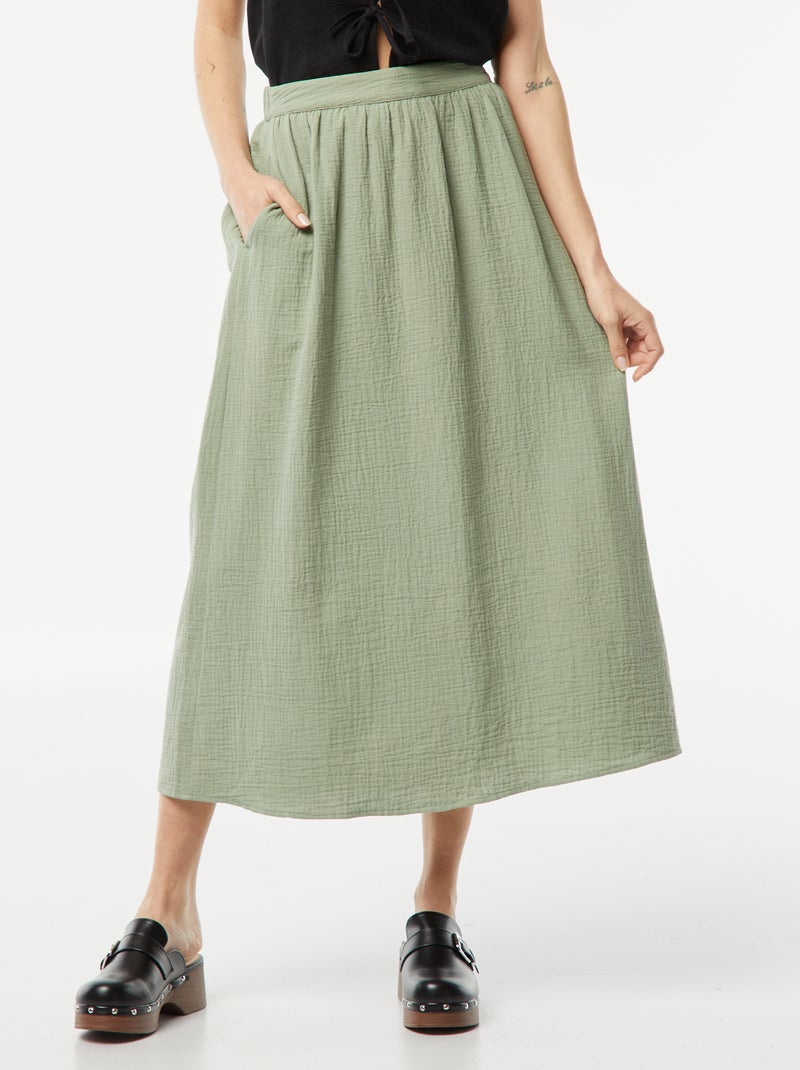 Jupe midi en gaze de coton Vert - Kiabi