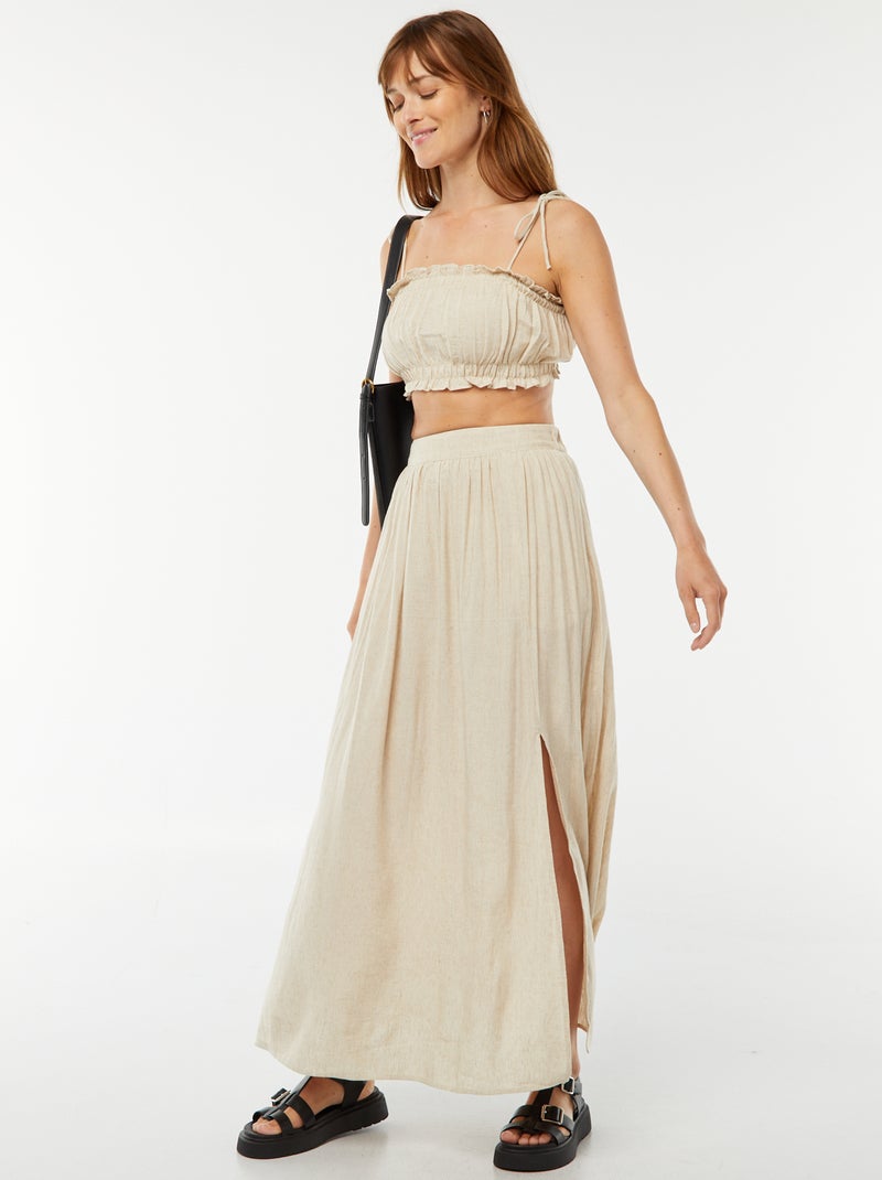 Jupe midi en lin mélangé avec 2 poches Beige - Kiabi