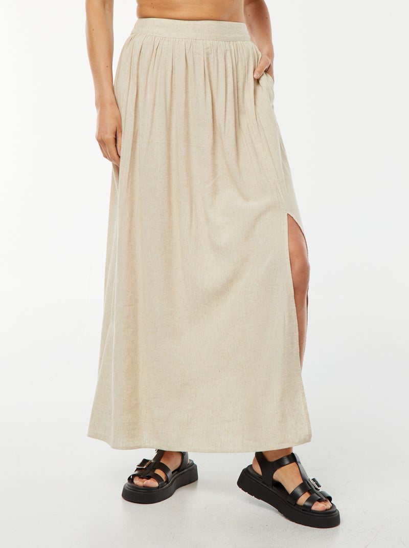 Jupe midi en lin mélangé avec 2 poches Beige - Kiabi