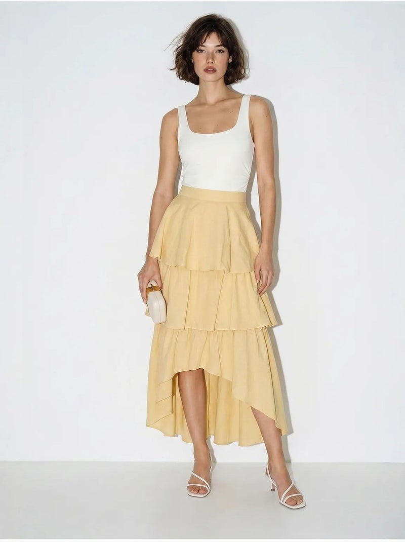 Jupe midi en popeline de coton à taille haute lucci Jaune citron - Kiabi