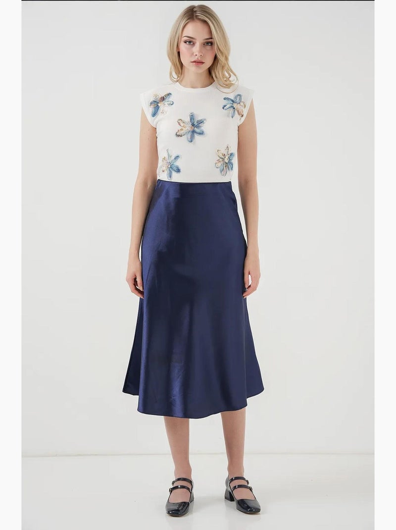 Jupe midi en satin coupe trapèze à taille haute bdart Bleu marine - Kiabi