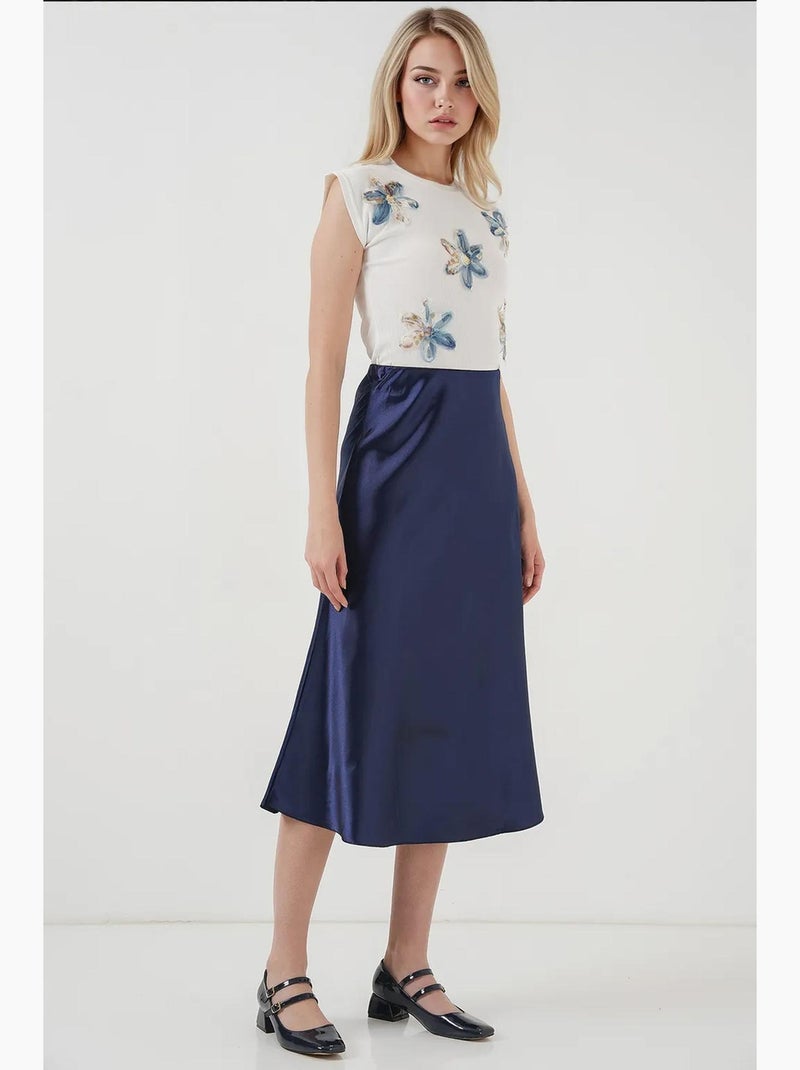 Jupe midi en satin coupe trapèze à taille haute bdart Bleu marine - Kiabi
