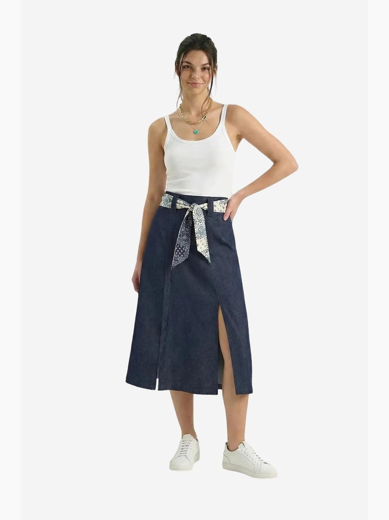 Jupe midi en satin taille haute avec fente lucci Bleu marine - Kiabi