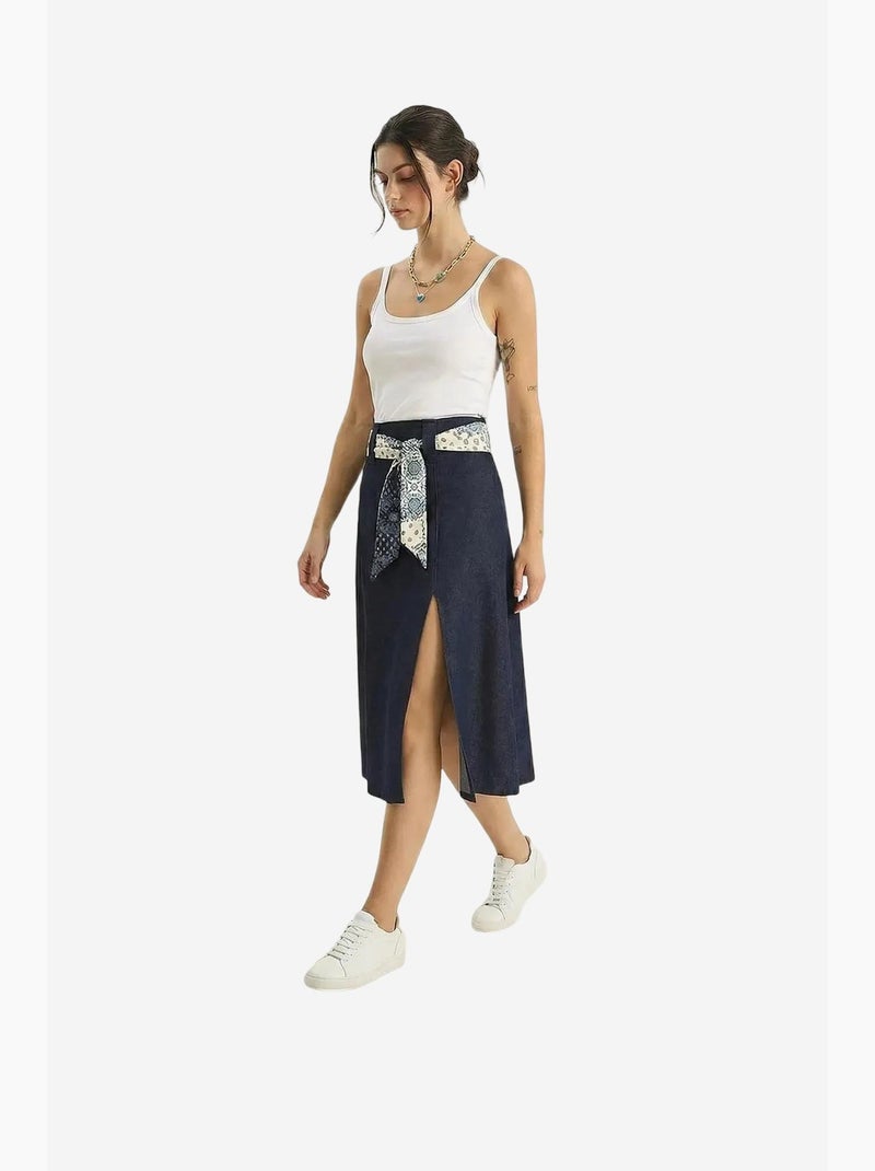 Jupe midi en satin taille haute avec fente lucci Bleu marine - Kiabi