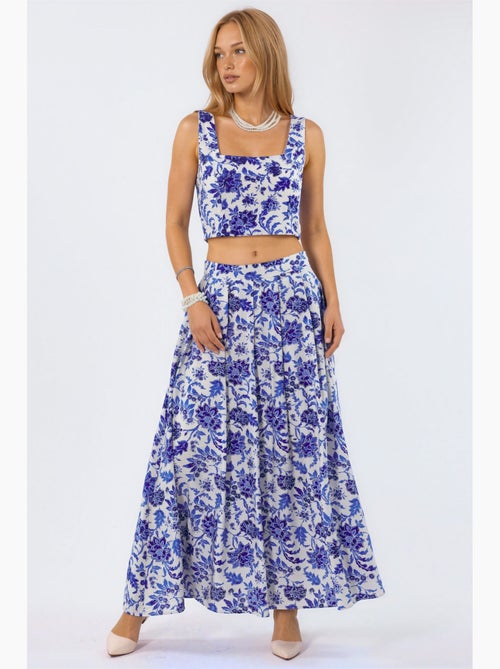 Jupe midi fleurie à taille haute trapèze à plis busem - Kiabi