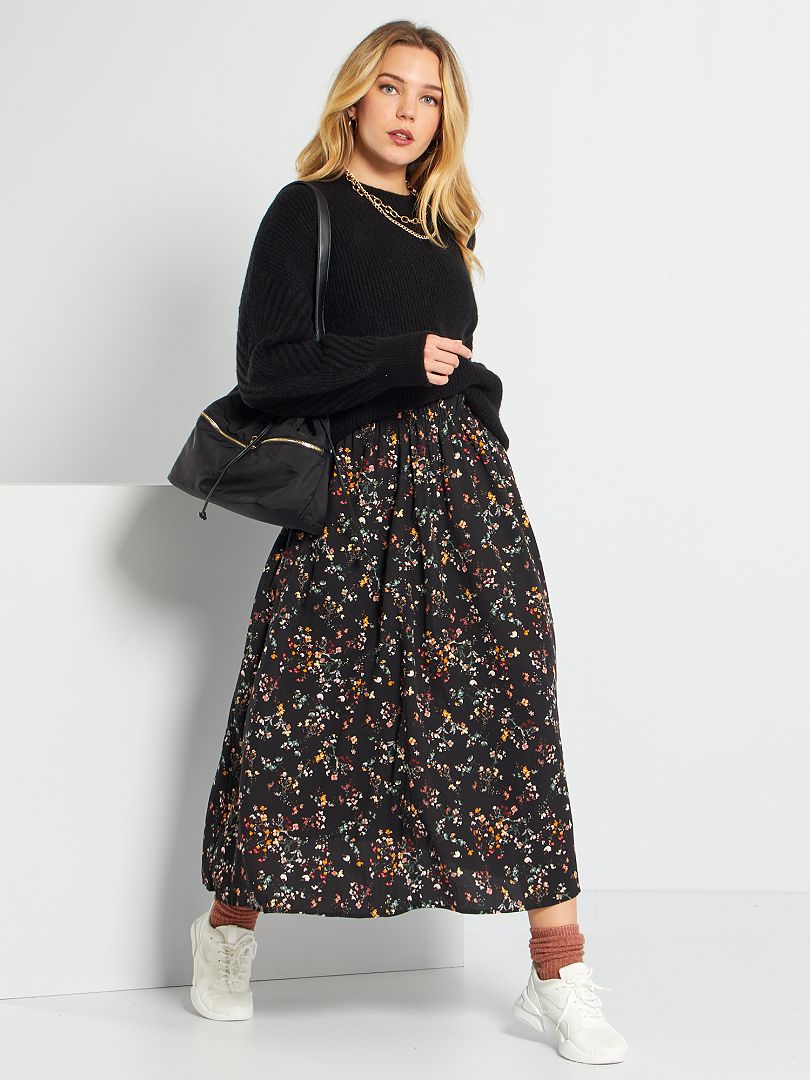 Jupe Midi Plissée Jigsaw UK - Femme Taille 8 - Noire à Fleurs - 100% Polyester