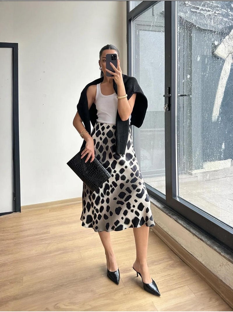 Jupe midi rayée léopard mixray Camel - Kiabi