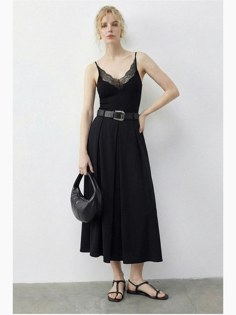Jupe midi texturée taille haute avec ceinture lucci Noir - Kiabi