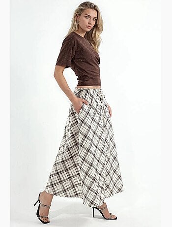 Jupe midi trapèze à carreaux, taille haute busem