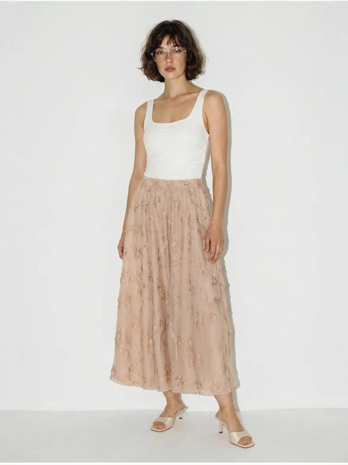 Jupe midi trapèze brodée à taille haute lucci - Kiabi