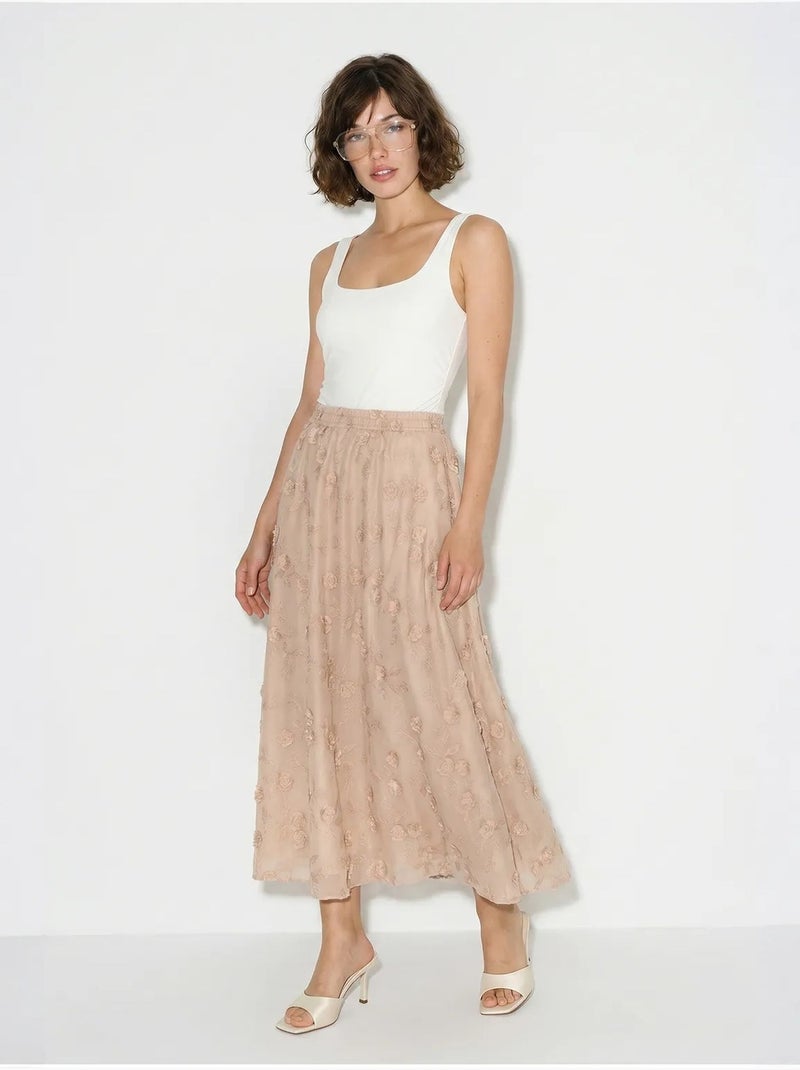 Jupe midi trapèze brodée à taille haute lucci Vieux rose - Kiabi