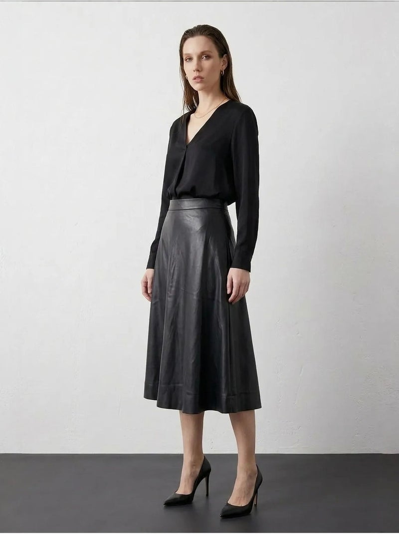 Jupe midi trapèze en simili cuir à taille haute my fashion Noir Orange clair Noir - Kiabi