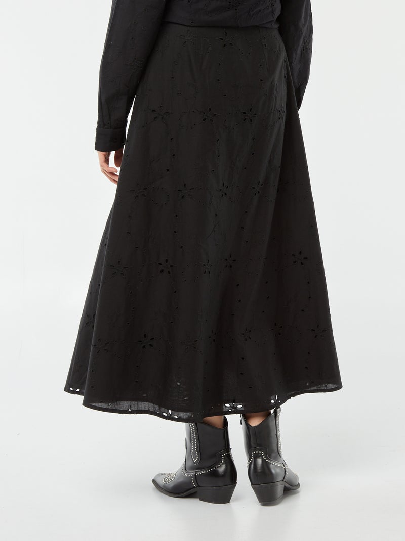 Jupe midi unie avec broderies anglaises Noir - Kiabi