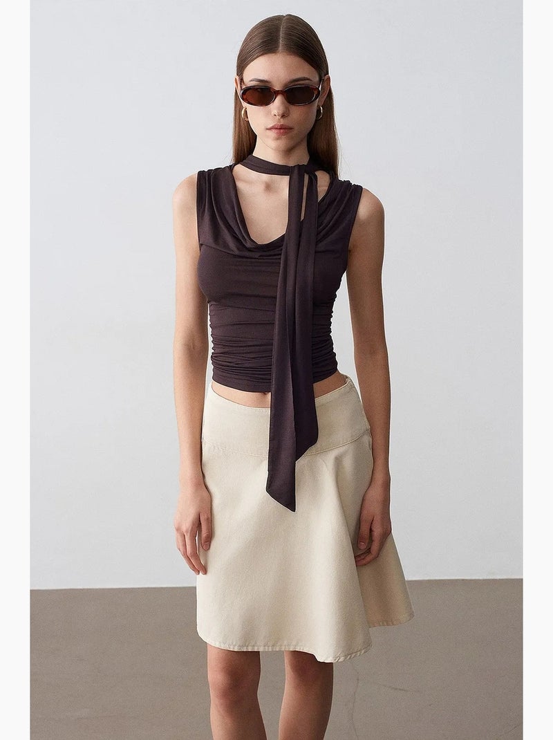 Jupe mini trapèze en popeline de coton, taille haute dilvin Sable - Kiabi