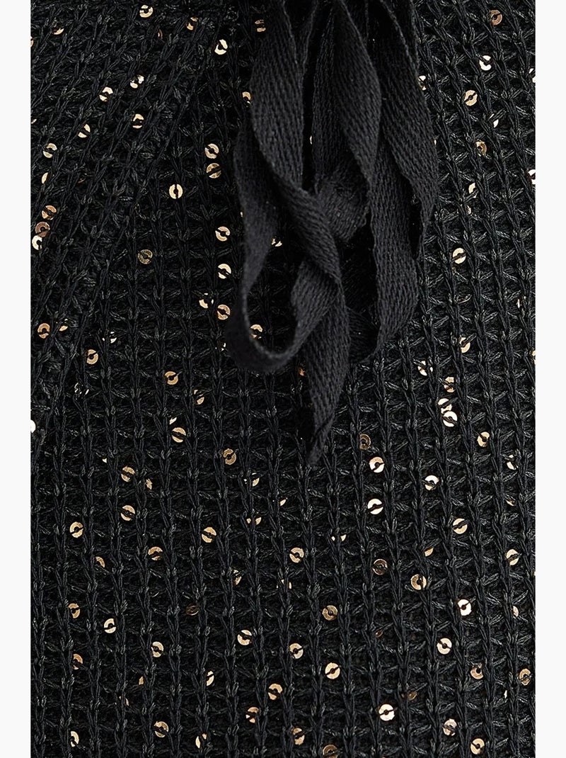 Jupe portefeuille tricotée à sequins avec ourlet sans couture et ceinture hiccup Noir - Kiabi