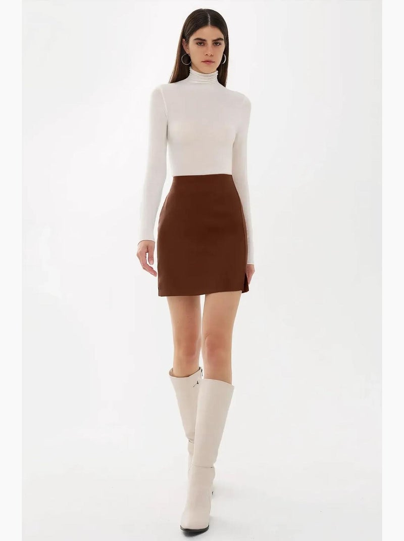 Jupe taille haute fendue sur le côté hiccup Marron - Kiabi