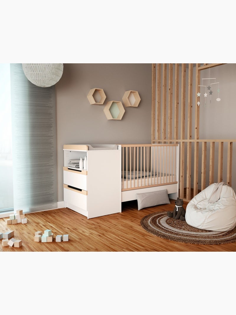 Jurababy - carrousel omvormbaar houten babybedje combinatie, wit en gelakt beuken, 60 x 120 cm Beige/Wit - Kiabi