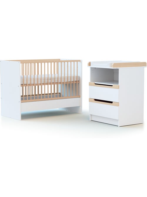 Jurababy - carrousel omvormbaar houten babybedje combinatie, wit en gelakt beuken, 60 x 120 cm - Kiabi