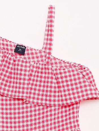 Jurk met asymmetrische volantkraag en Vichy-ruitmotief