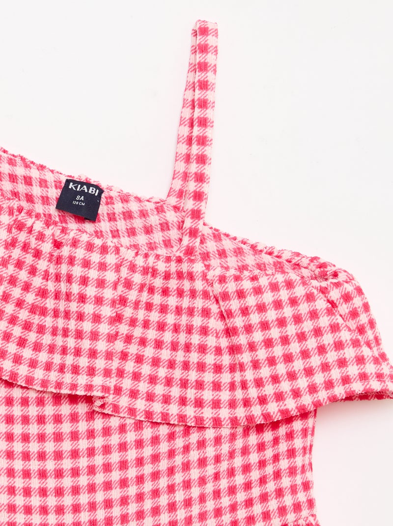 Jurk met asymmetrische volantkraag en Vichy-ruitmotief Rose - Kiabi