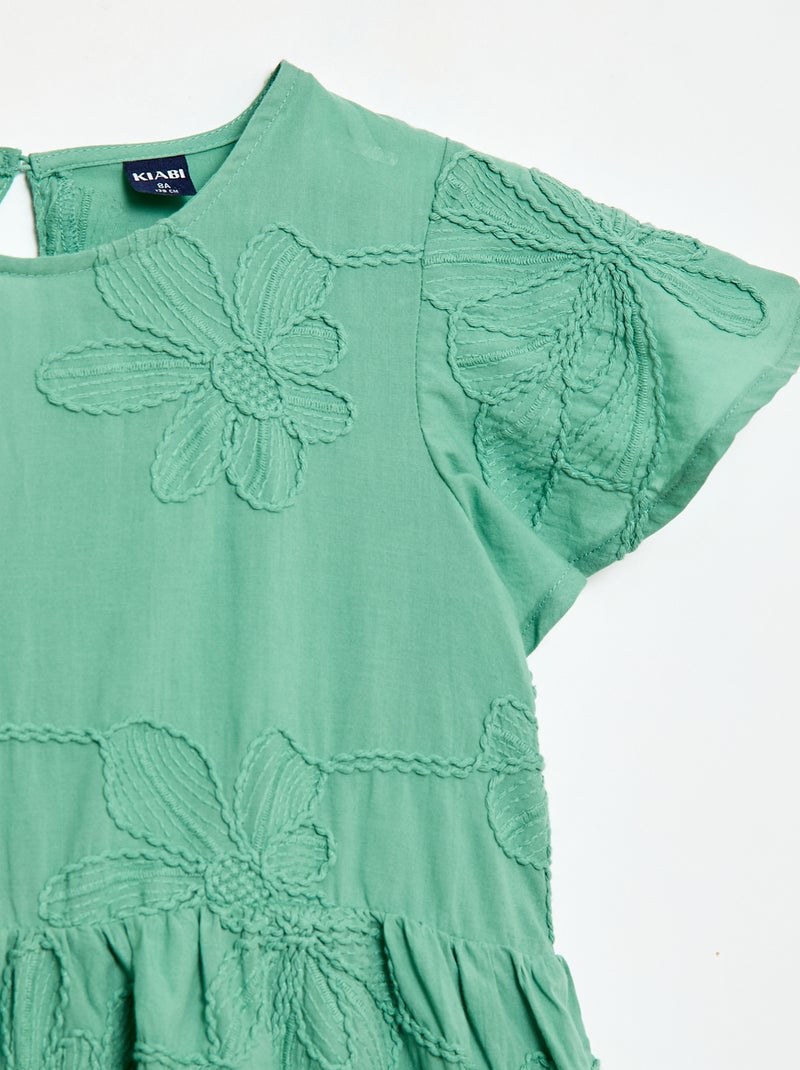 Jurk met fantasie bloemenborduursels Groen - Kiabi