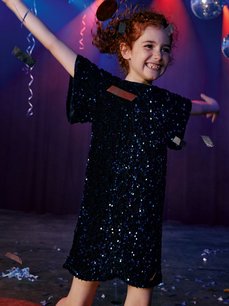 Jurk met korte mouw en lovertjes BLAUW - Kiabi