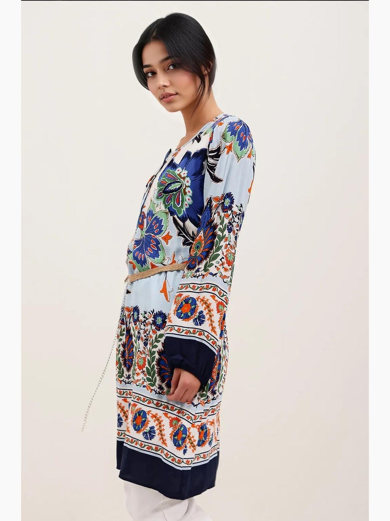 Jurk met riem en patroon bdart Marineblauw - Kiabi
