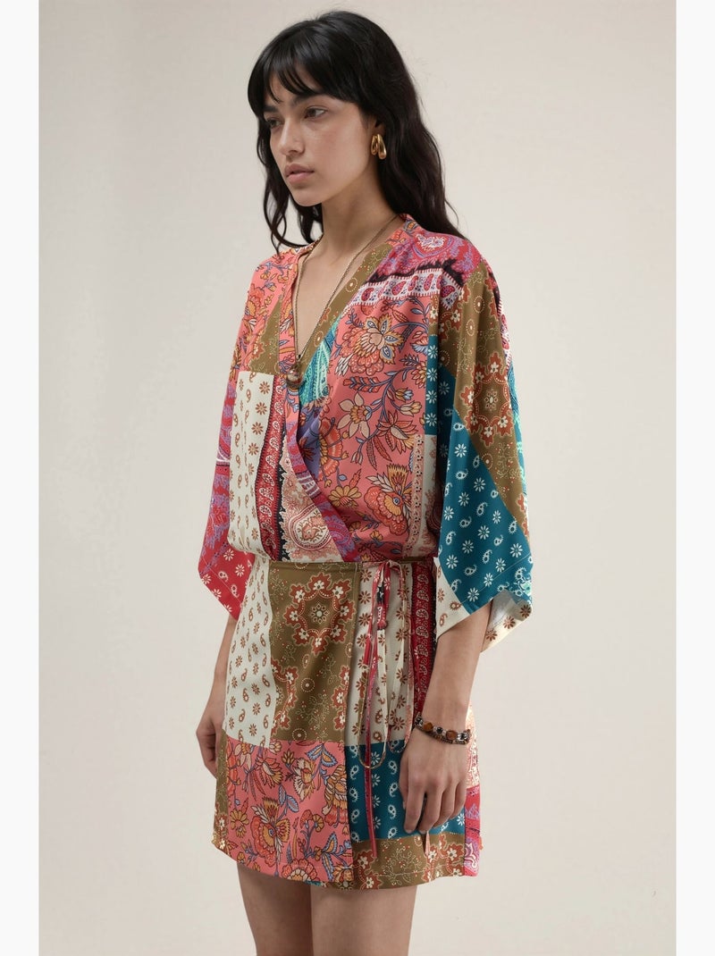 Jurk mini met etnische print en striksluiting voor hiccup Roze - Kiabi