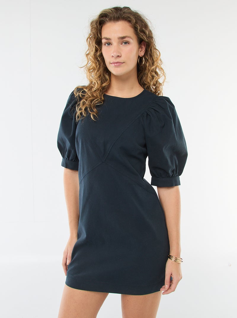 Jurk van katoentwill met pofmouwen Blauw - Kiabi