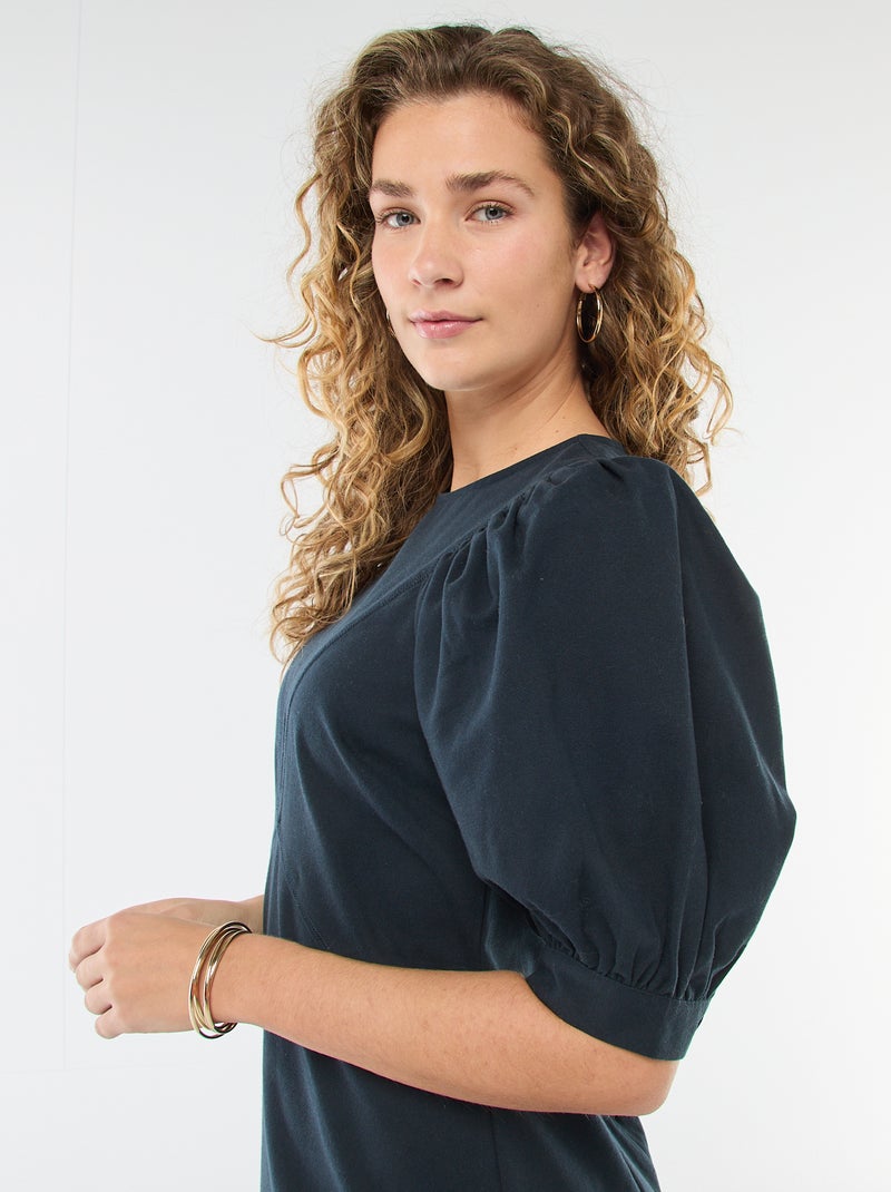 Jurk van katoentwill met pofmouwen Blauw - Kiabi
