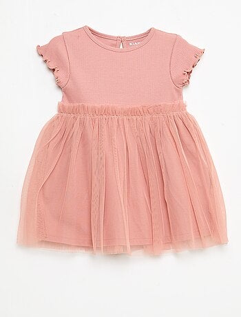 Jurk van ribgebreide stof en tule