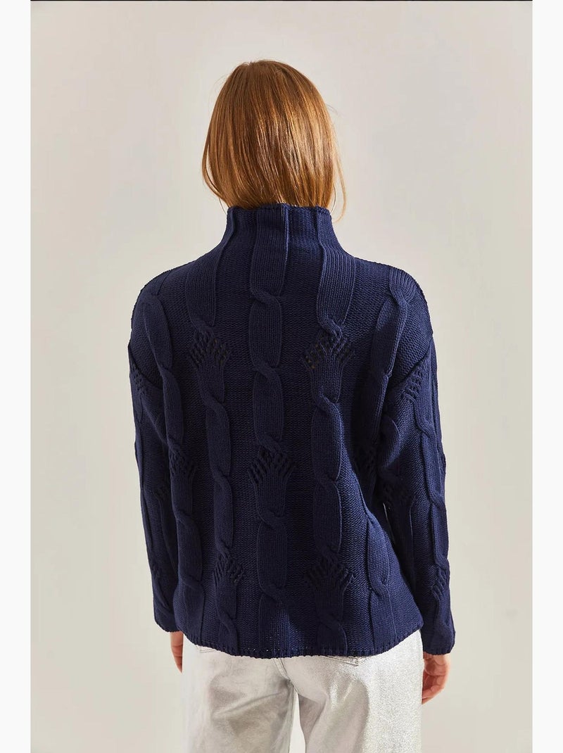 Kabelgebreide trui met halve coltrui lucci Marineblauw - Kiabi