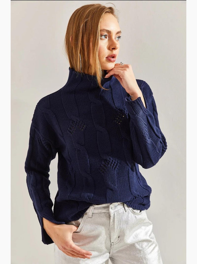 Kabelgebreide trui met halve coltrui lucci Marineblauw - Kiabi