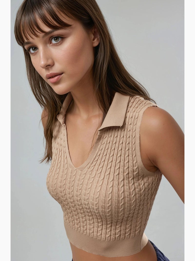 Kabelgebreide trui met v-hals my fashion Camel - Kiabi