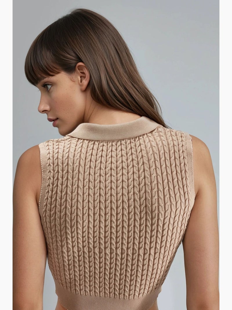 Kabelgebreide trui met v-hals my fashion Camel - Kiabi