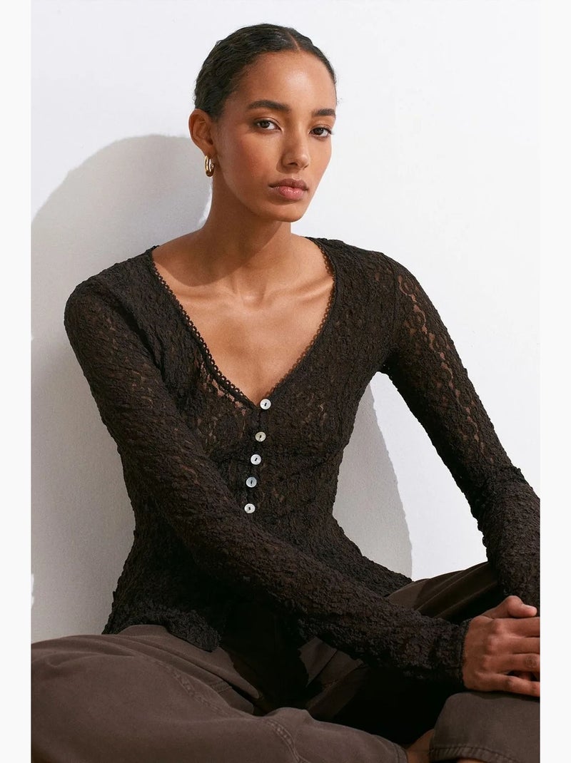 Kanten cardigan met v-hals en knopen dilvin Grijs Zwart - Kiabi