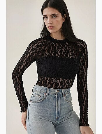 Kanten guipure slim fit blouse met ronde hals
