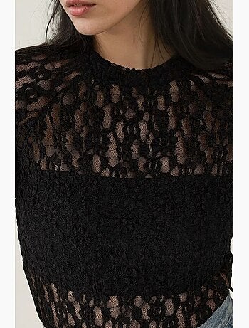 Kanten guipure slim fit blouse met ronde hals