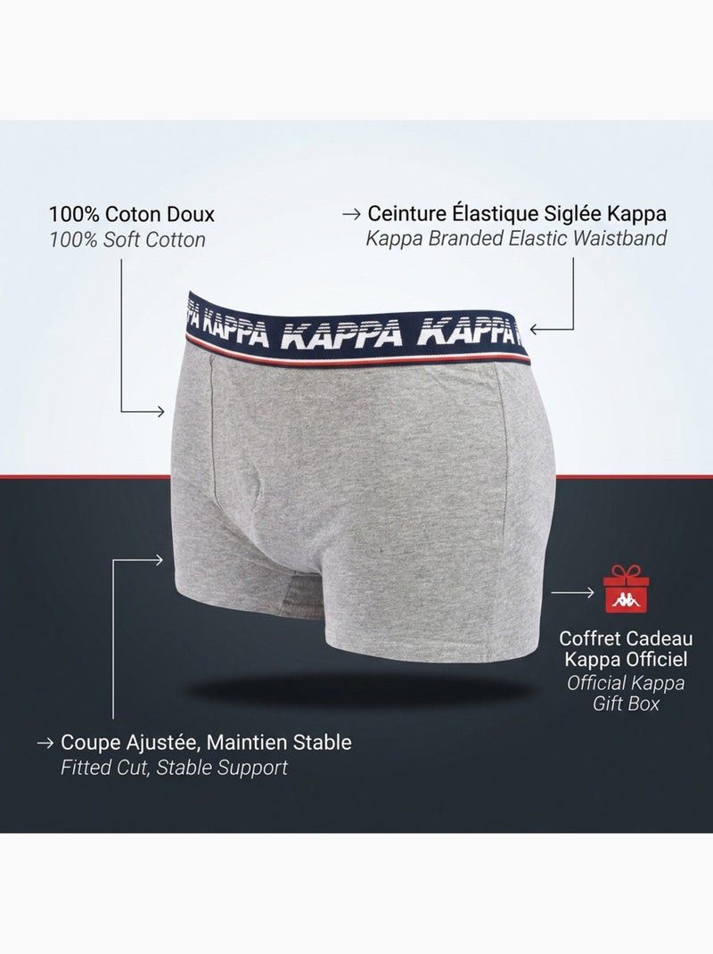 KAPPA Boxers Homme Pack de 4 (Lot) - Coton, Coffret Cadeau Gris Bleu Noir - Kiabi