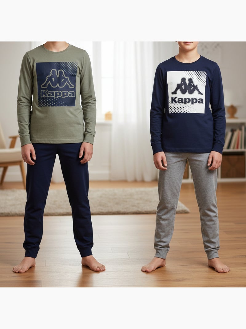 KAPPA Pyjama Jongen Set van 2 Katoen Logo Ronde Hals Lange Mouwen Blauw Kaki - Kiabi