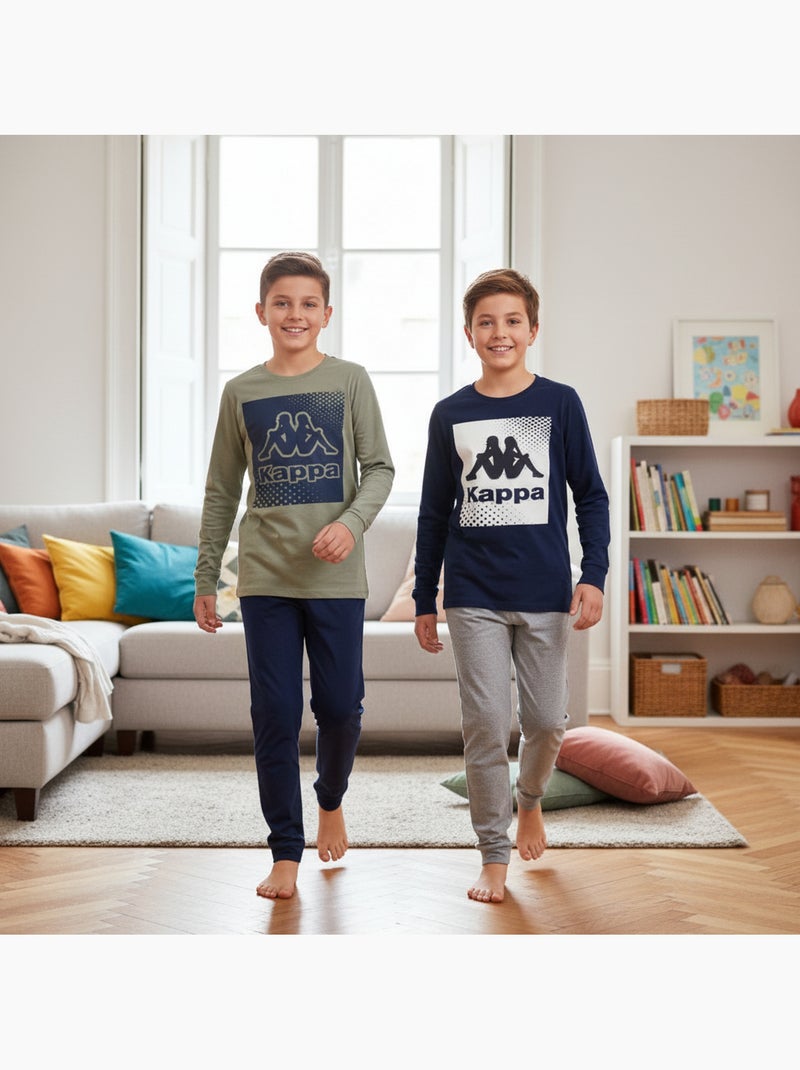 KAPPA Pyjama Jongen Set van 2 Katoen Logo Ronde Hals Lange Mouwen Blauw Kaki - Kiabi